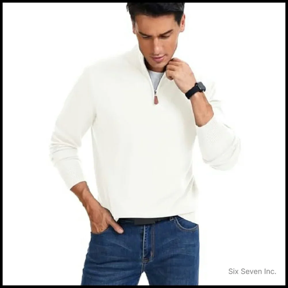 Slim Fit Quarter Zip Pullover Mock Neck Knit Sweater Business Casual Elegant